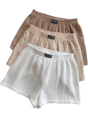 Women's Beige White Multi Summer Packs Elastic Waist Wide Leg Casual Shorts